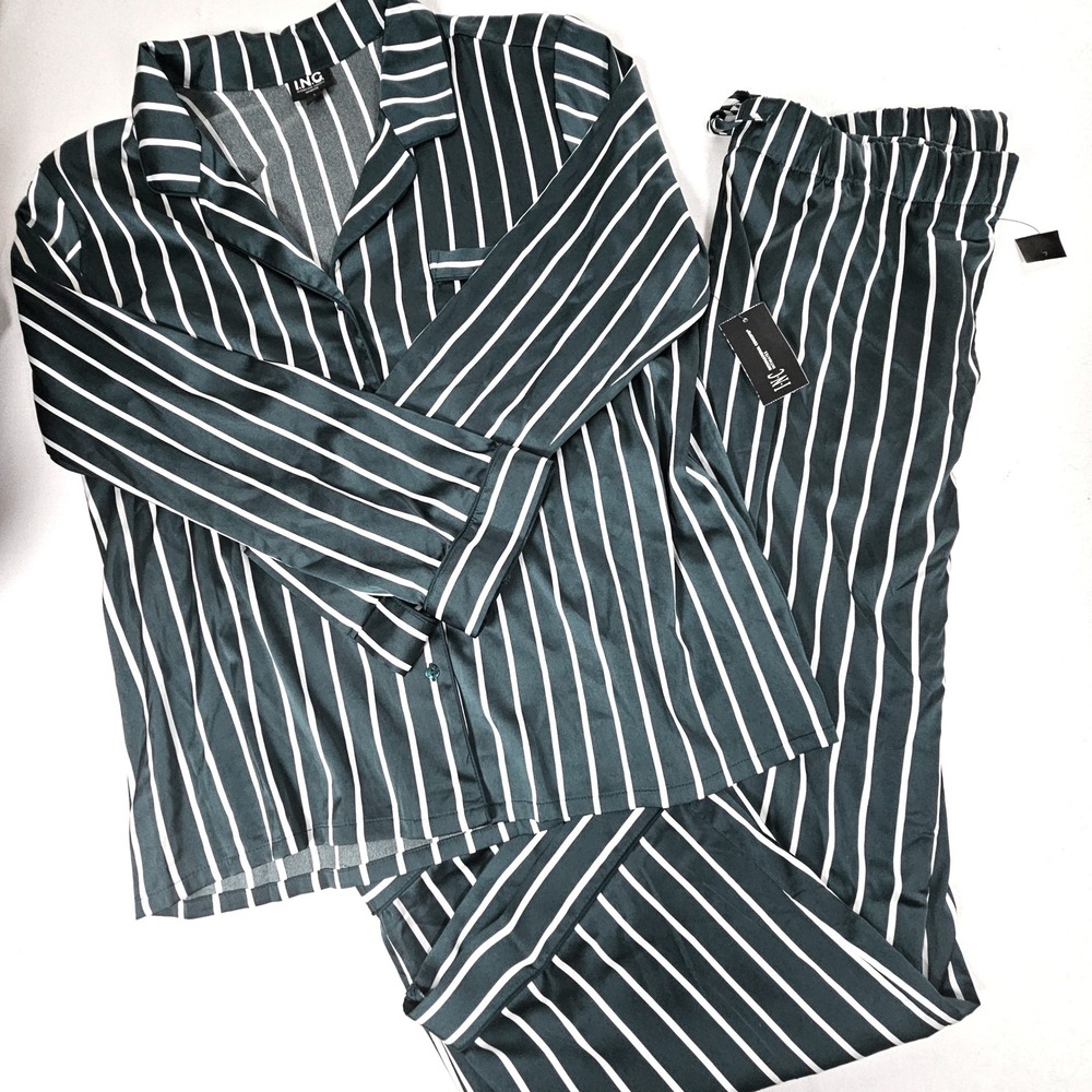 INC International Concepts Pajama Set Green White Striped Sleepwear Size L NEW